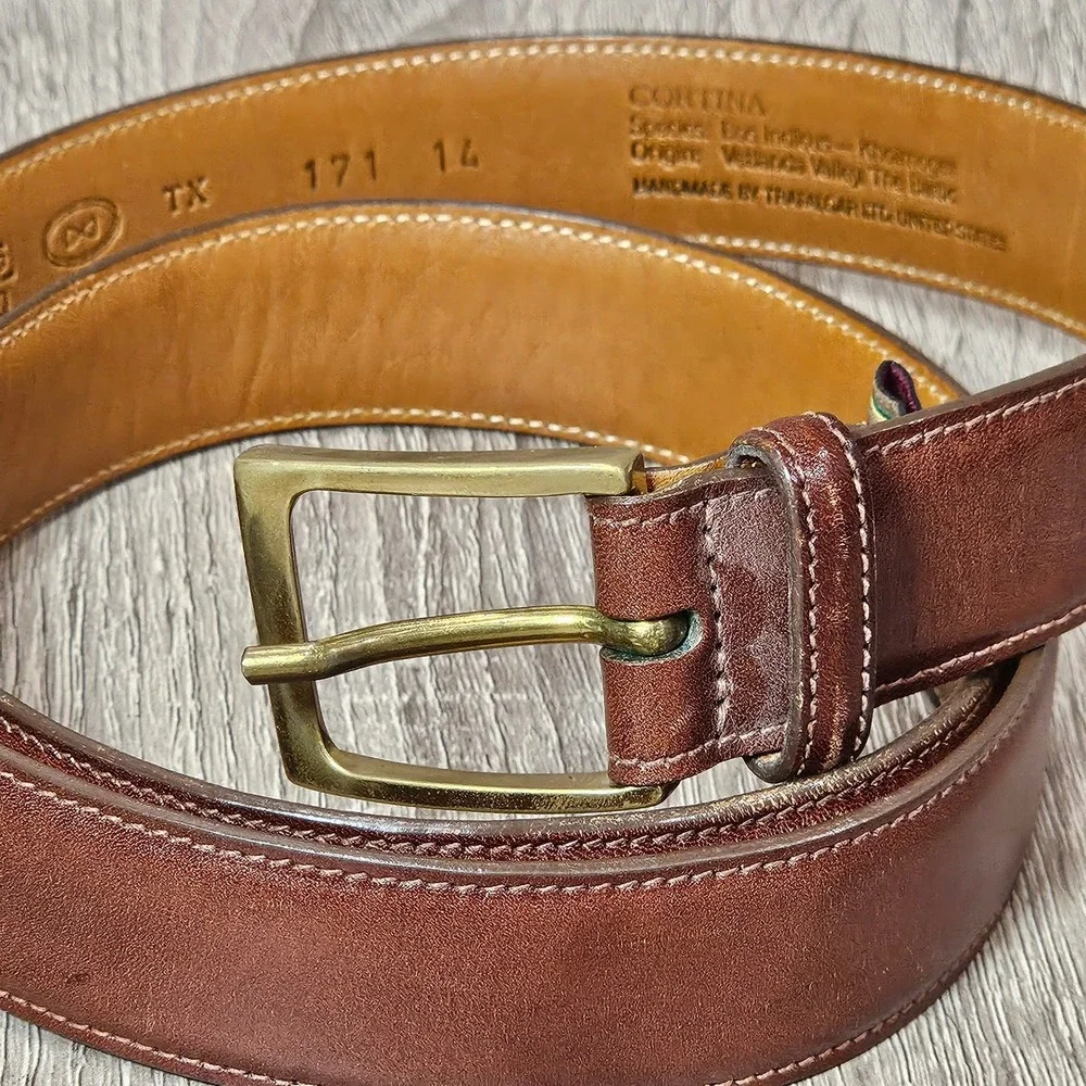 Trafalgar Mens Cortina Brown Leather Dress Belt 36 Made in USA Brass Buckle